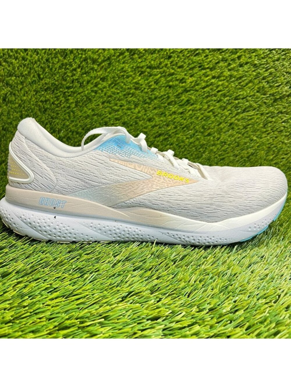 Brooks Ghost 16 Mens Size 12.5 White Blue Yellow Athletic Running Shoes Sneakers